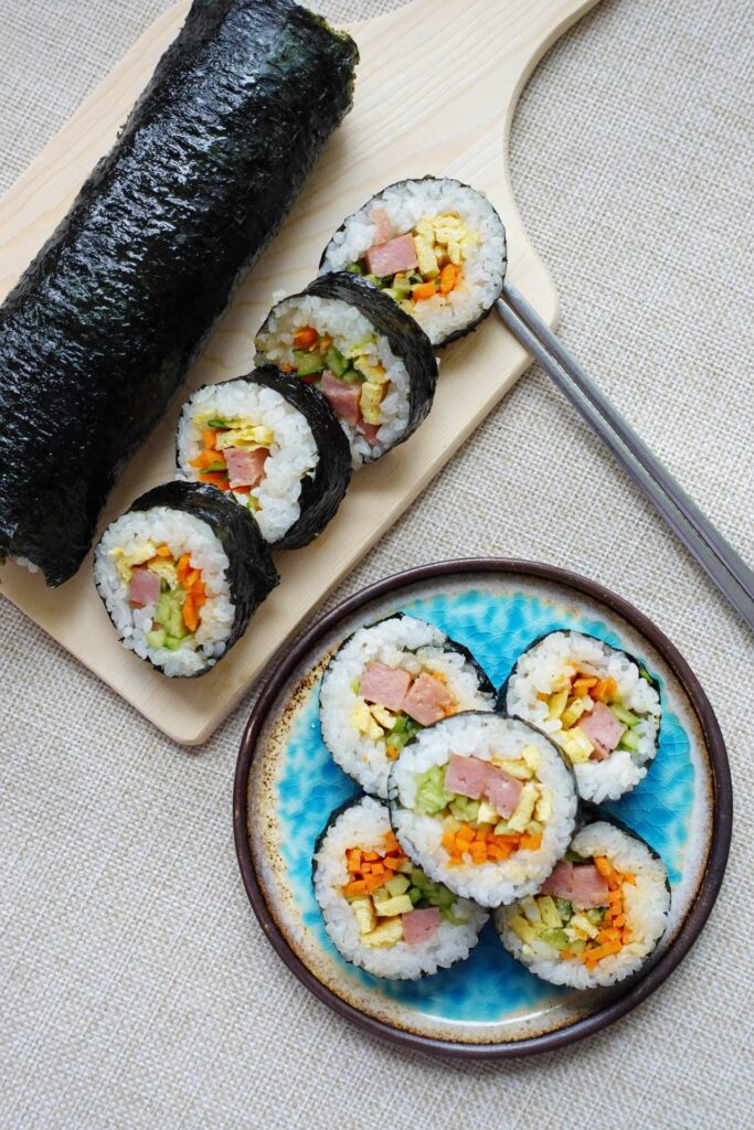 Korean rice roll kim bap recipe image of serving the kim bap